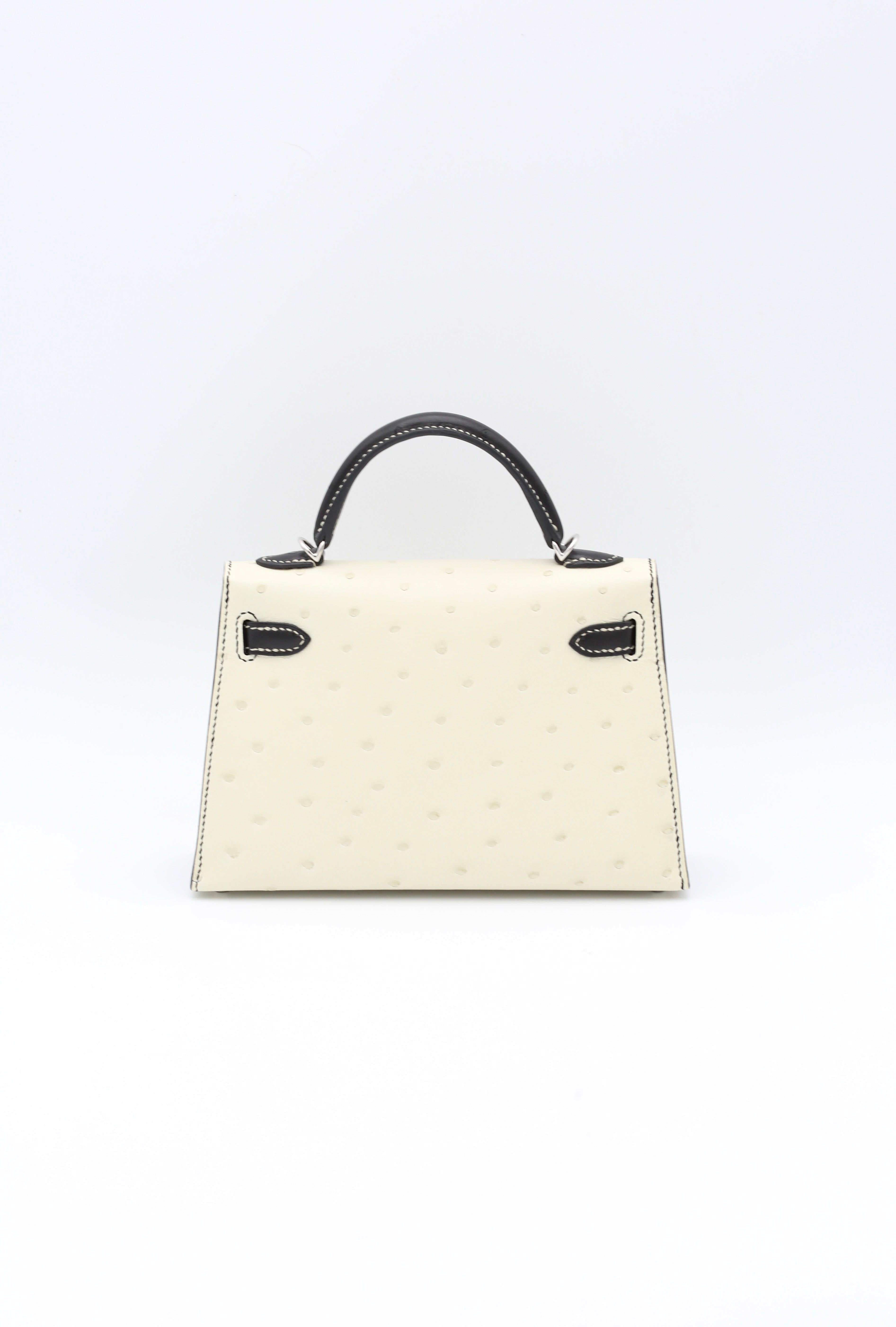 HERMÈS MINI KELLY II OSTRICH BLACK & WHITE SILVER HARDWARE W STAMP