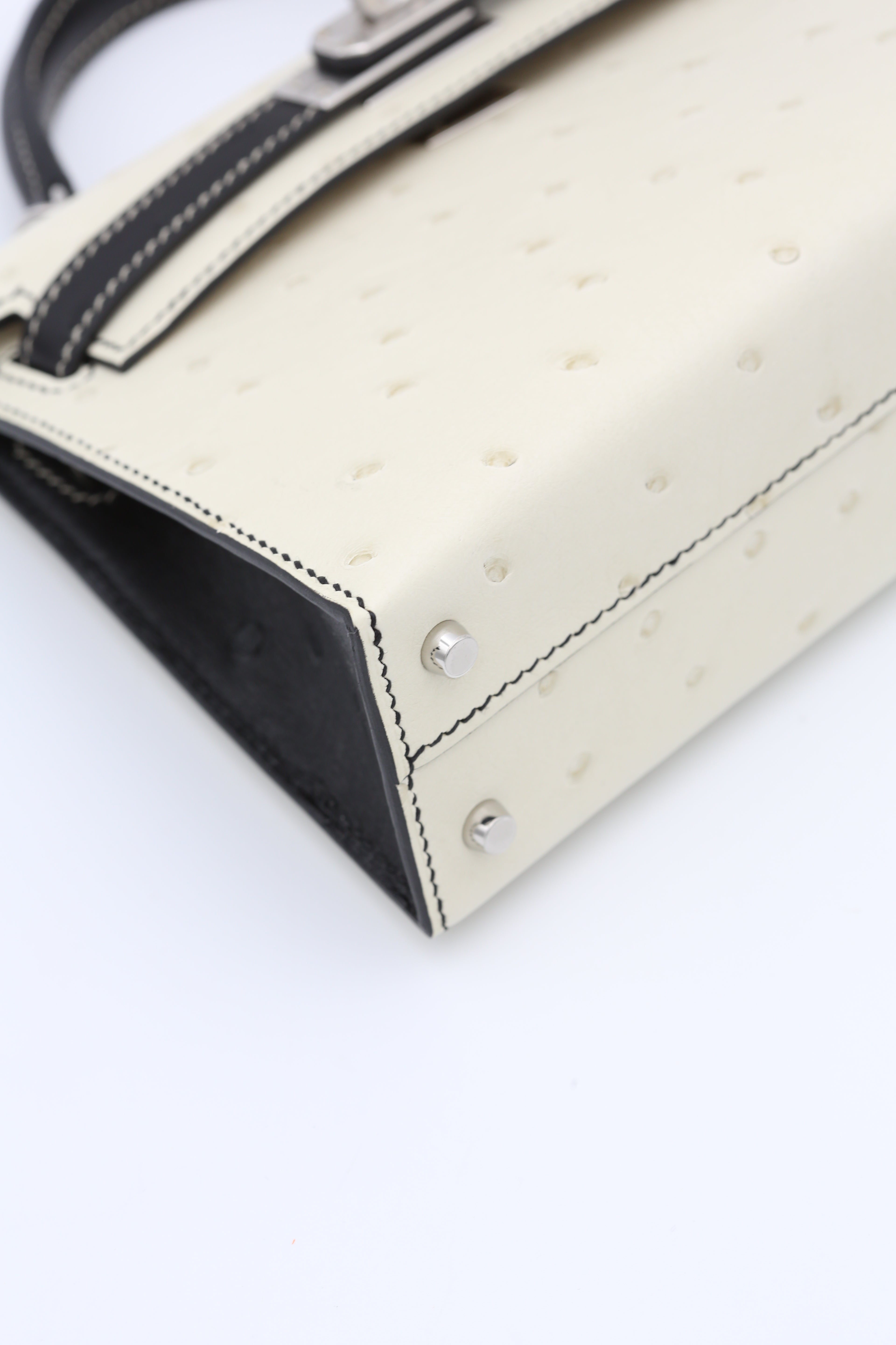 HERMÈS MINI KELLY II OSTRICH BLACK & WHITE SILVER HARDWARE W STAMP