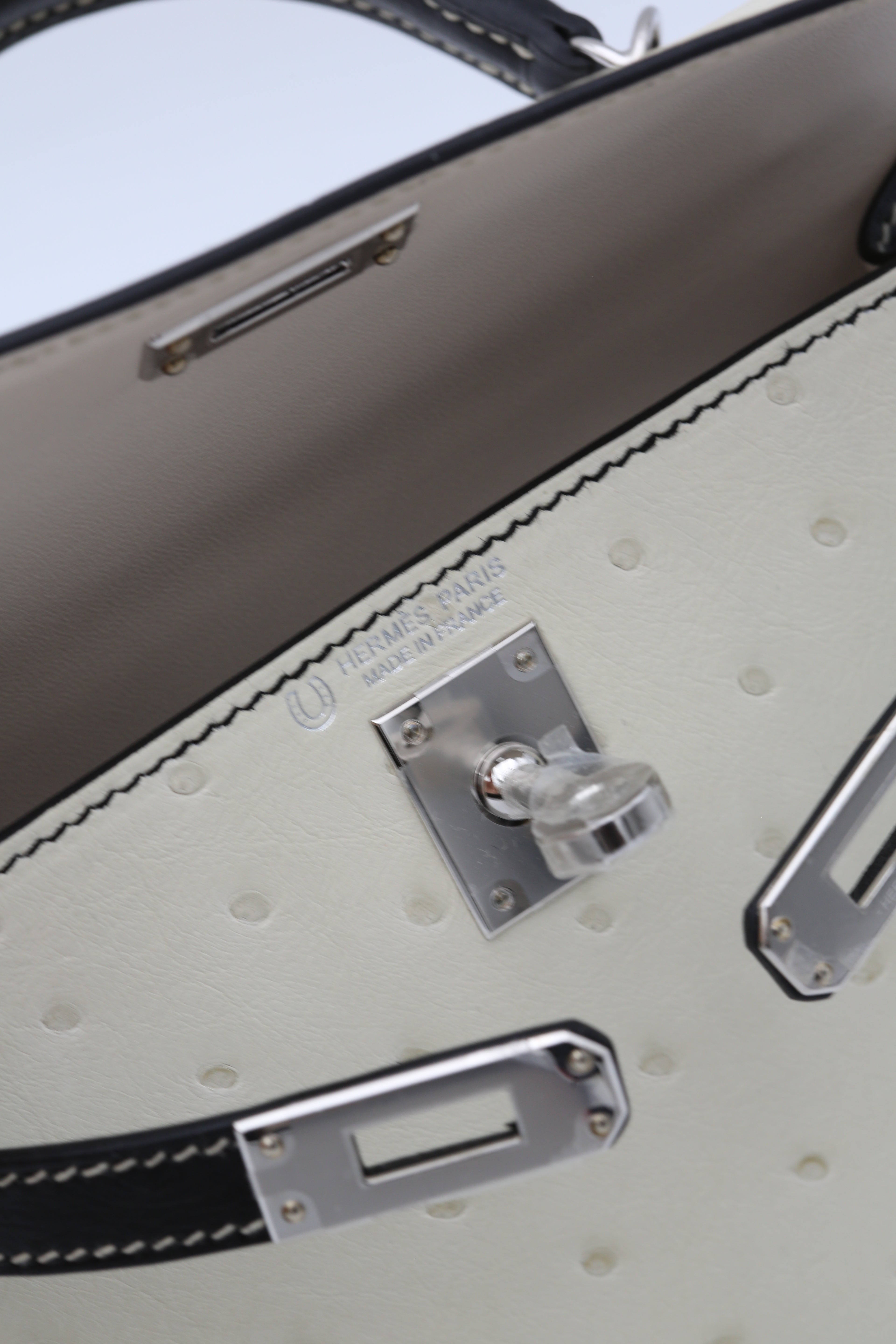 HERMÈS MINI KELLY II OSTRICH BLACK & WHITE SILVER HARDWARE W STAMP