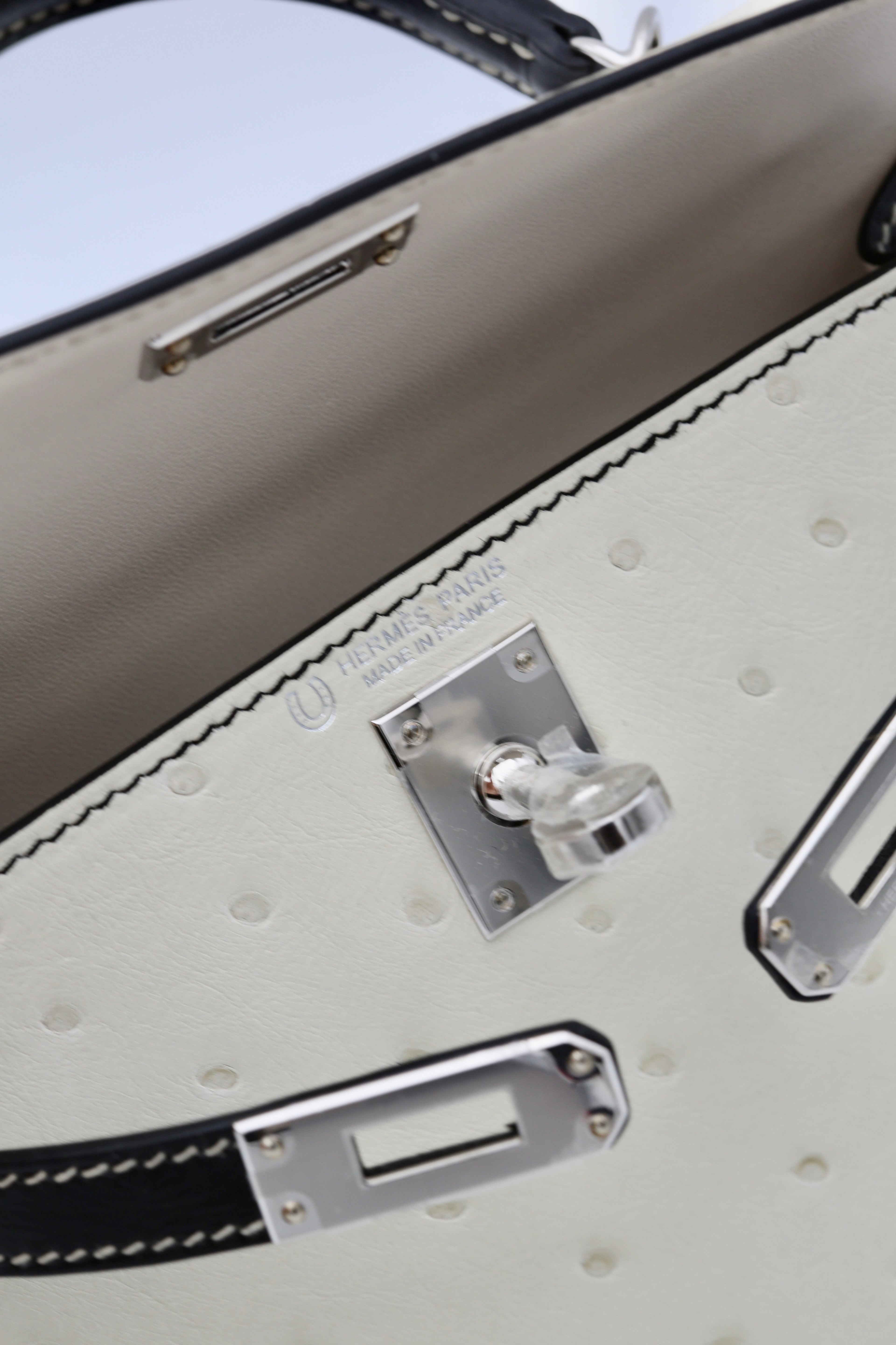 HERMÈS MINI KELLY II OSTRICH BLACK & WHITE SILVER HARDWARE W STAMP