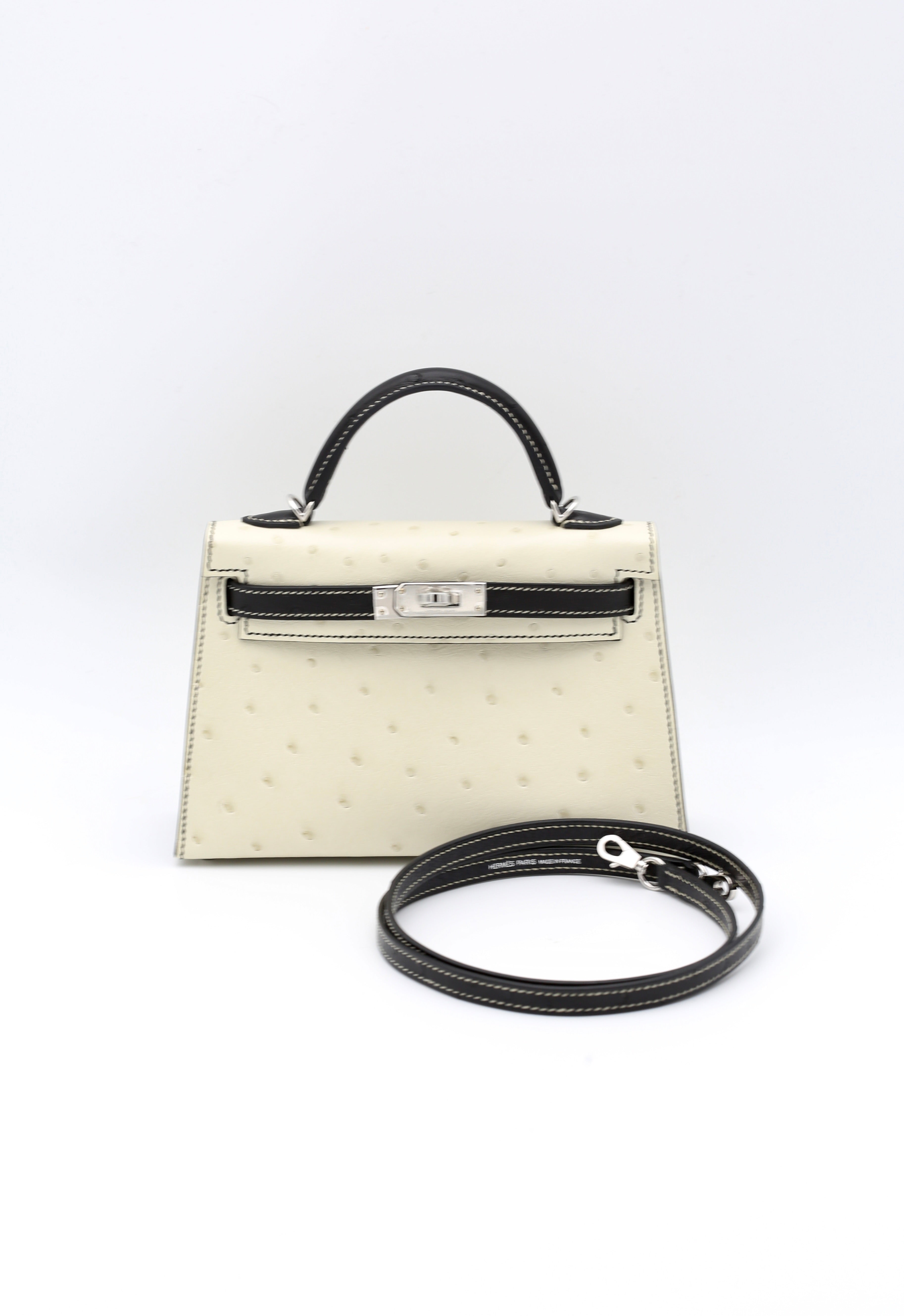 HERMÈS MINI KELLY II OSTRICH BLACK & WHITE SILVER HARDWARE W STAMP
