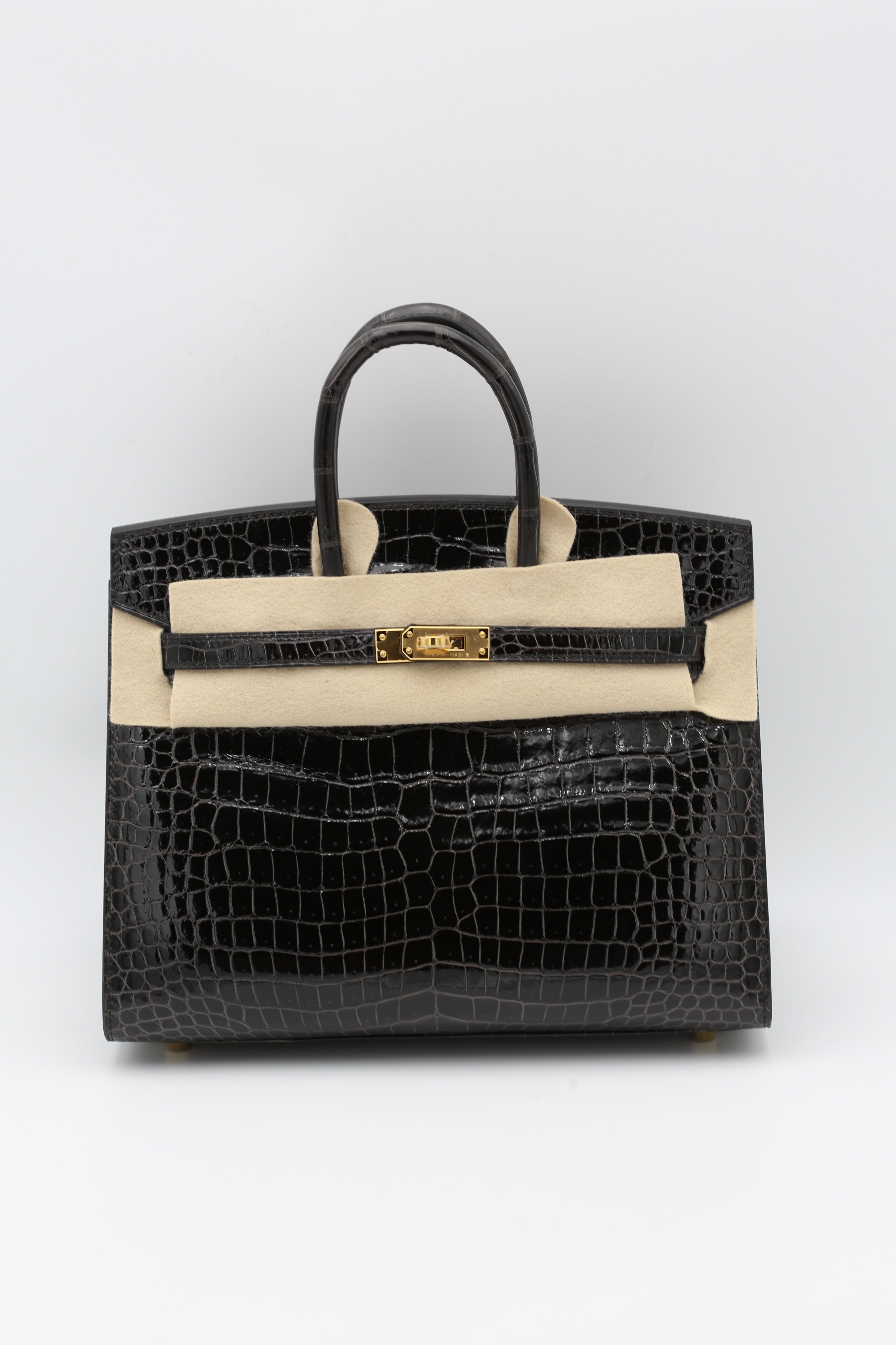HERMÈS BIRKIN25 SELLIER 88 GRAPHITE SHINY ALLIGATOR GOLD HARDWARE U STAMP