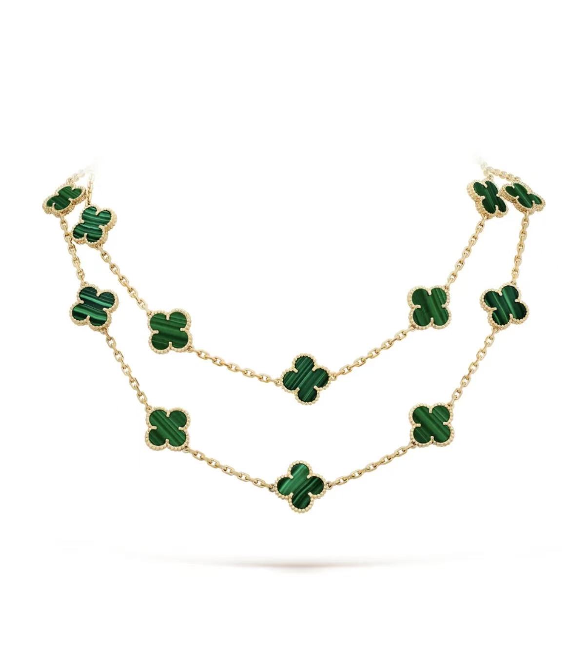 VAN CLEEF & ARPELS MAGIC ALHAMBRA LONG NECKLACE 16 MOTIFS MALACHITE 18K YELLOW GOLD